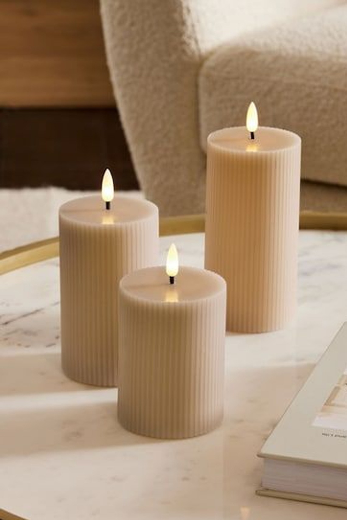 Set of 3 Real Wax Ribbed LED Pillar Candles