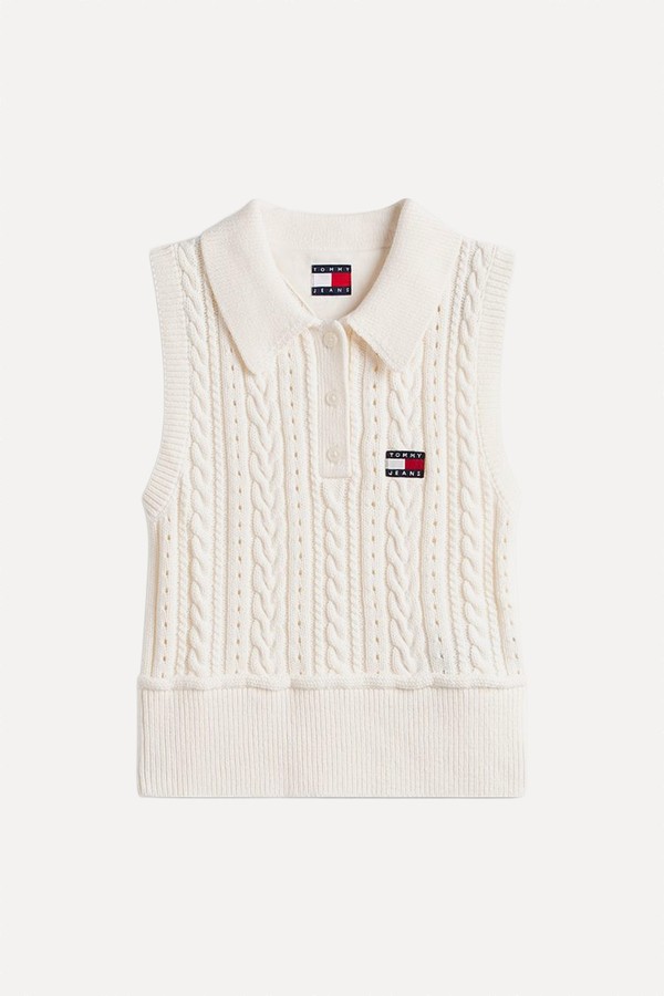 Washed Cable Knit Polo Jumper