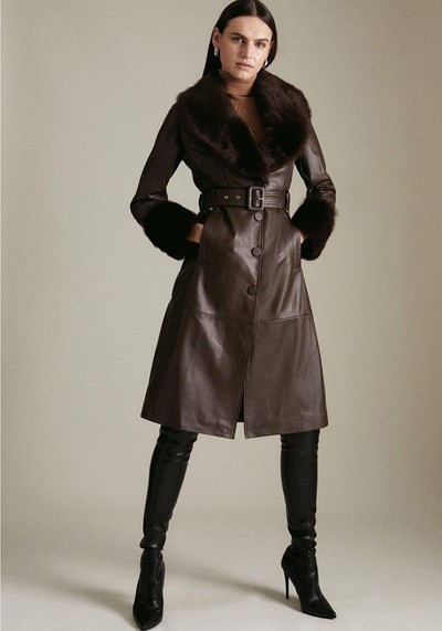 Shearling Cuff And Collar Leather Coat from Karen Millen