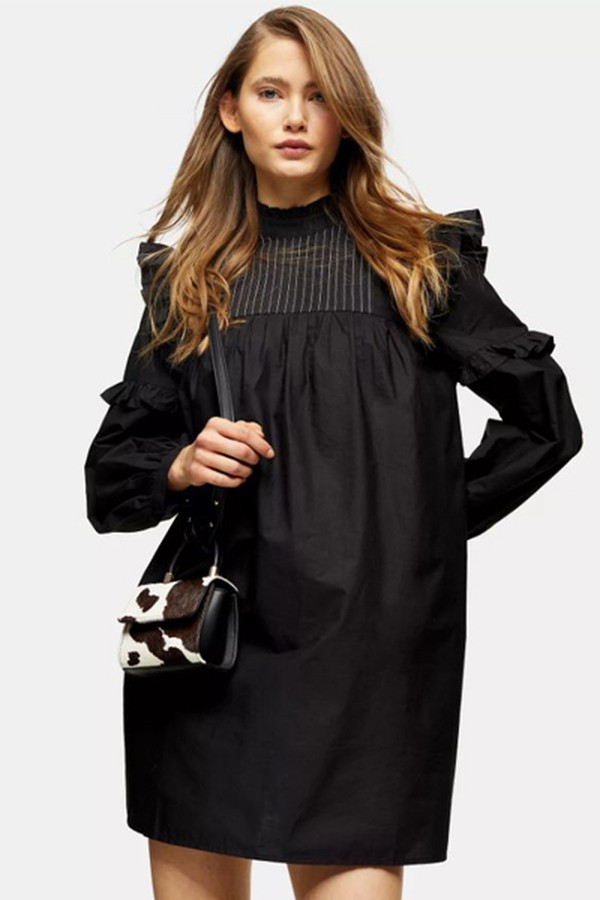 Black Pintuck Chuck On Frill Mini Dress