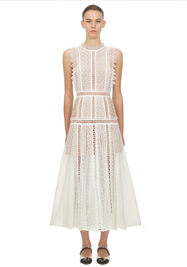 White Lace Panel Midi Dress from Self-Portrait
