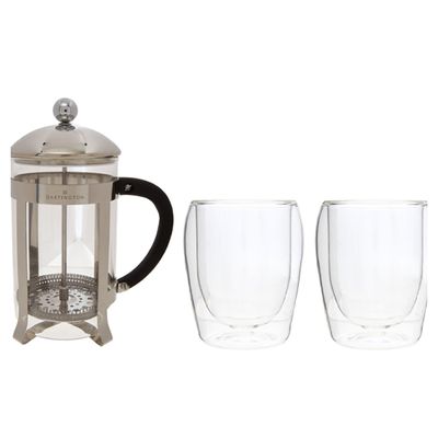 Clear Six Cup Glass Cafetiere & Two Coffee Glasses 