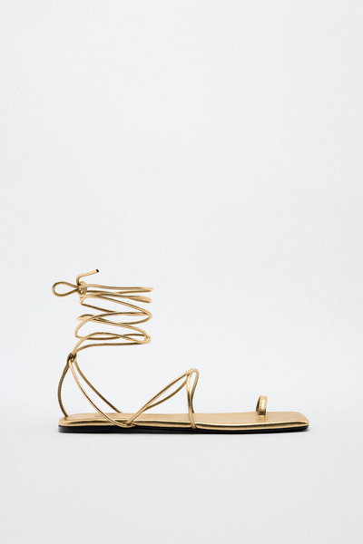 Metallic Leather Lace Up Sandals from Zara