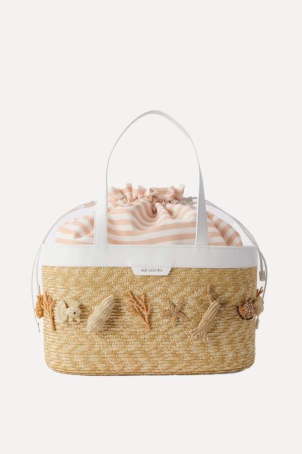 Marea Leather-Trimmed Embellished Raffia & Striped Gabardine Tote from AQUAZZURA