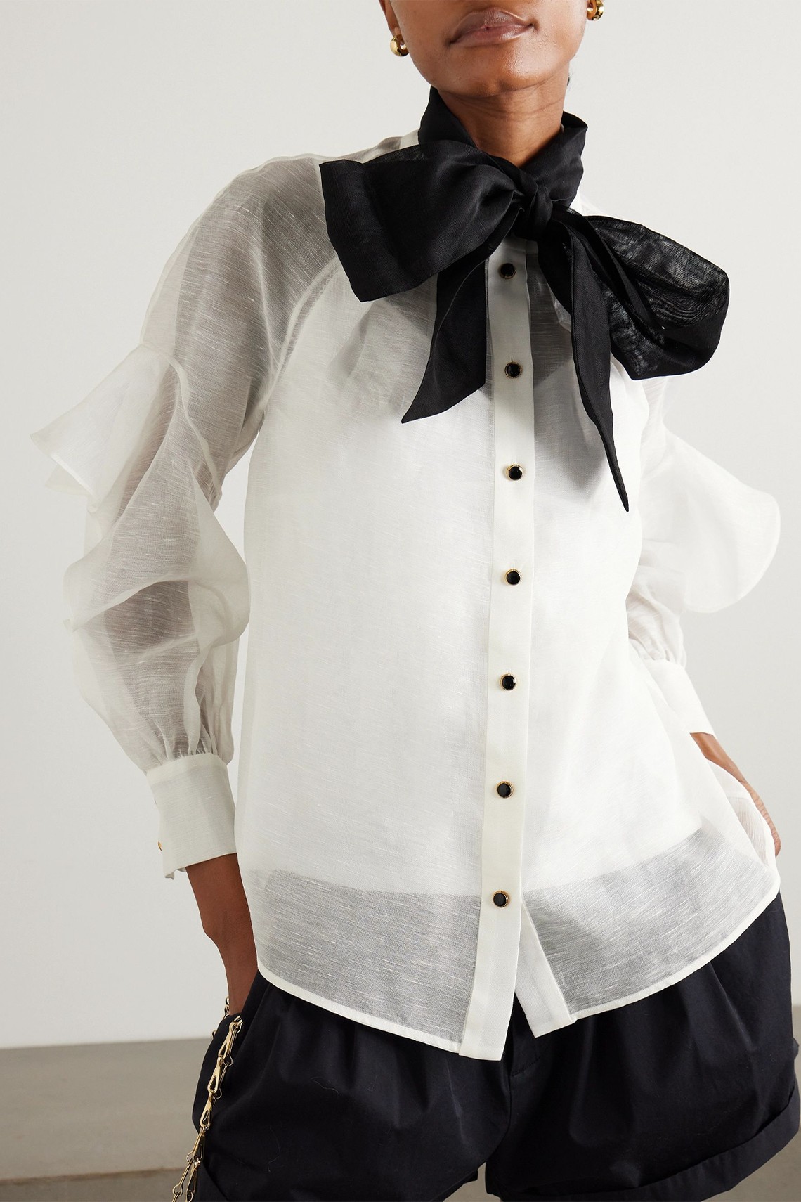 Illustration Waterfall Bow-Detailed Ruffled Linen & Silk-Blend Organza Shirt from Zimmerman