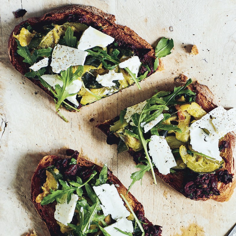 Courgette, Olive & Ricotta Salata Bruschette