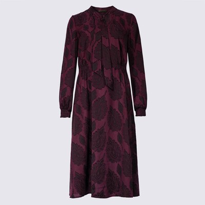 Jacquard Print Long Sleeve Shift Midi Dress