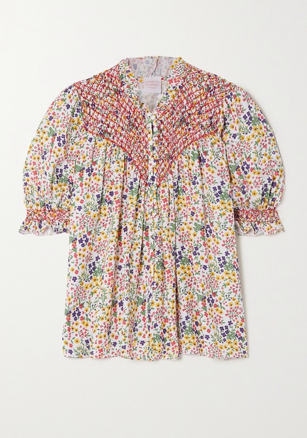 Milvia Ruffled Smocked Floral-Print Poplin Blouse from Loretta Caponi