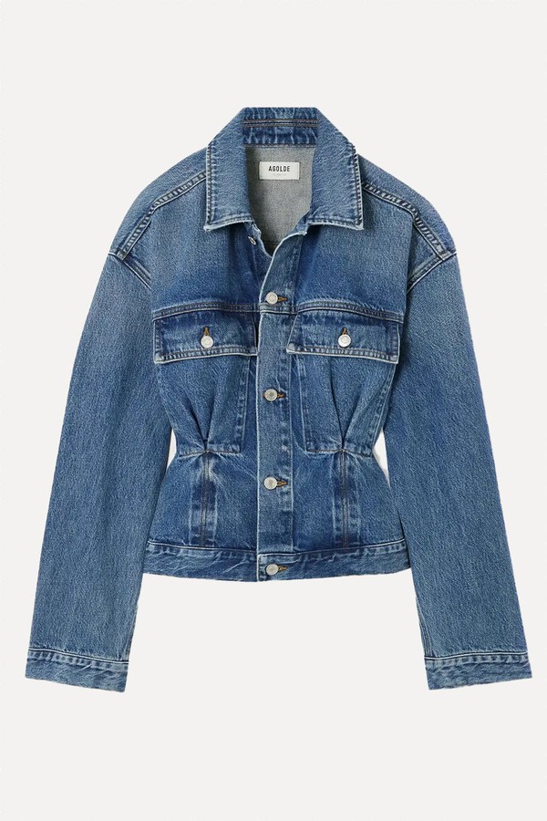 Zyla Cinch Buckled Gathered Denim Jacket from Agolde