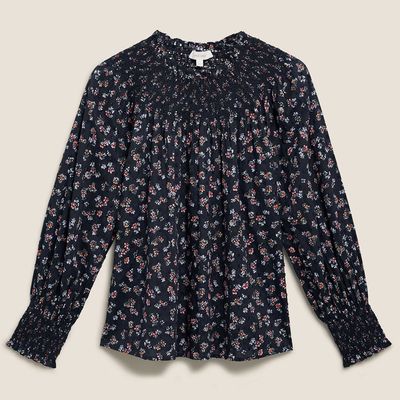 Pure Cotton Floral Smocked Popover Blouse
