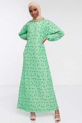 Plisse Maxi Dress With Long Sleeves In Green Floral from ASOS Design