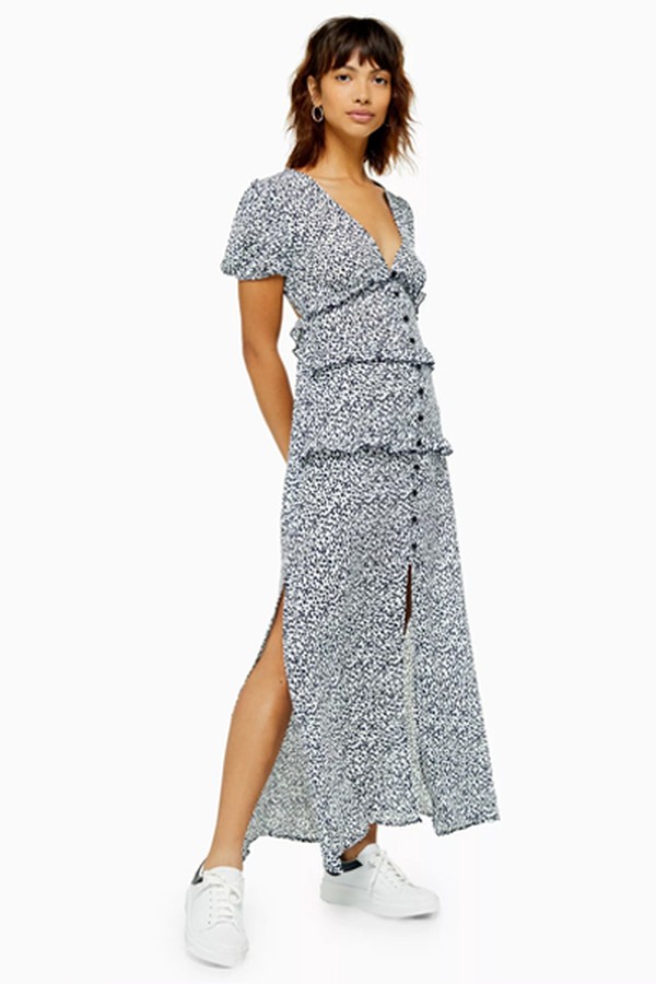 Spot Open Button Midi Dress