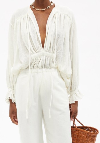 Hazy Nipple Gathered Sheer Cotton-Voile Shirt from Les Vacances D'Irina