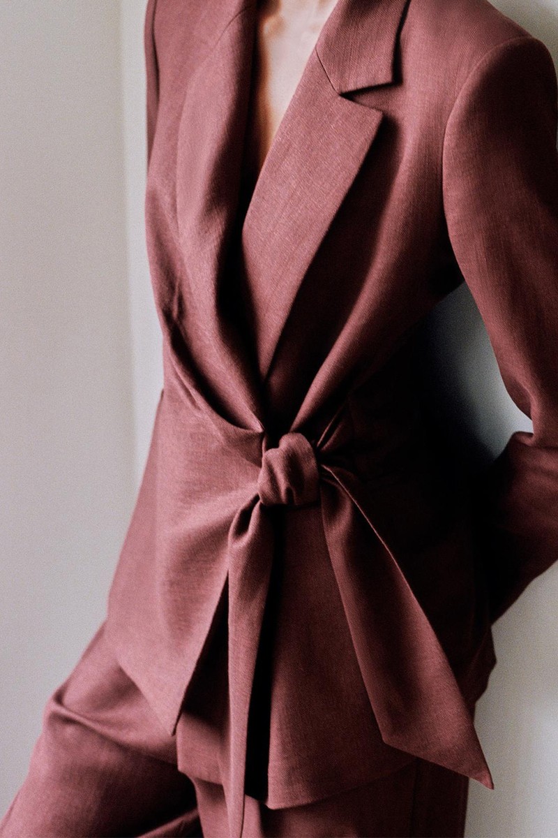 Double-Breasted Linen Blend Tie Blazer Set