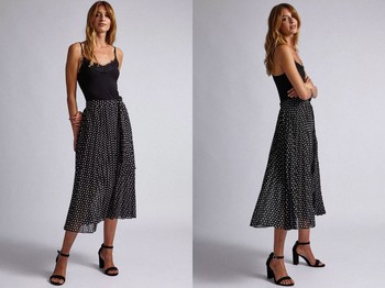 Black Polka Dot Print Button Midi Skirt