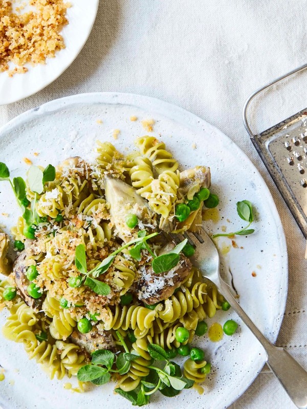 Green Pea Fusilli With Grilled Artichokes, Peas And Lemon Pangritata 