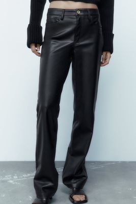 Straight-Fit Long Length Mid-Rise Faux Leather Trousers  from Zara 