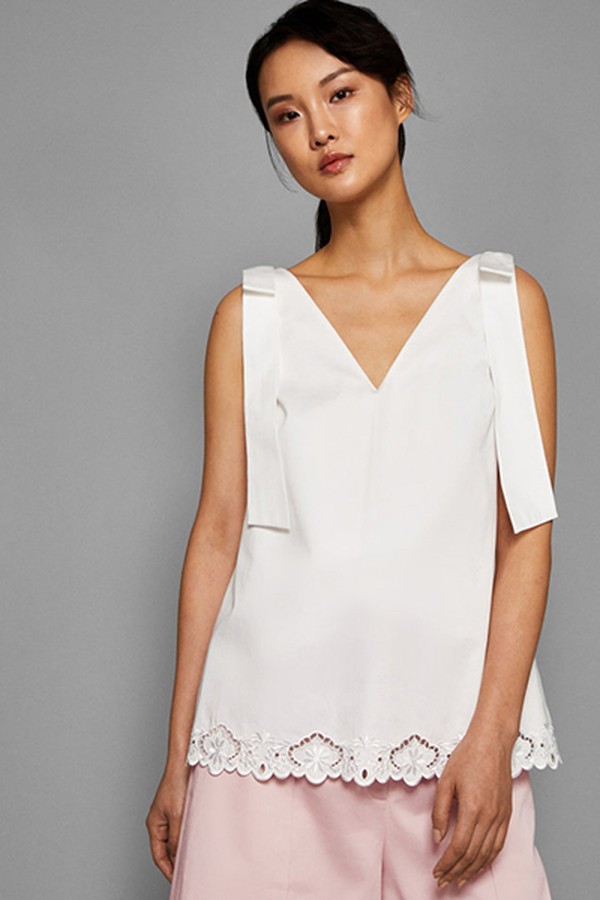 Daynaa Bow Shoulder Embroidered Top
