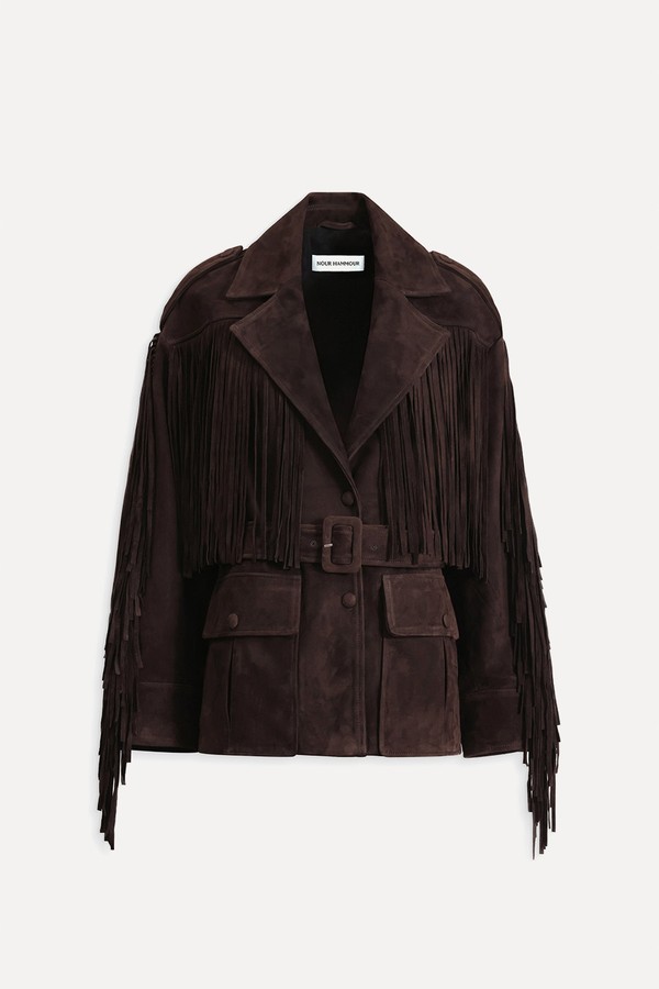 Cassidy Oversized Suede Fringe Jacket from Nour Hammour