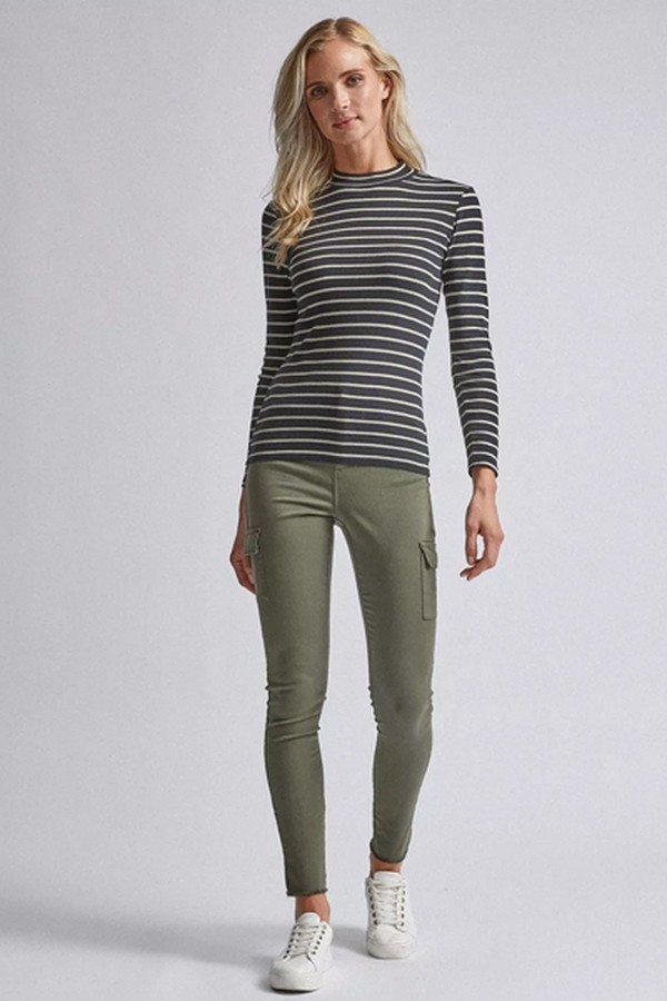Stripe Print Funnel Neck Cotton T-Shirt