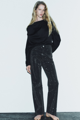 ZW Collection Straight Leg Mid Rise Rhinestone Jeans from ZARA