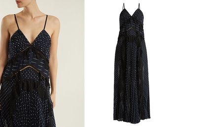 Dobby-Dot Lace-Trimmed Pleated Dress