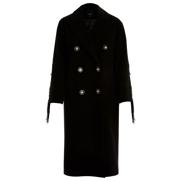 Black Fringe Double Breasted Longline Coat