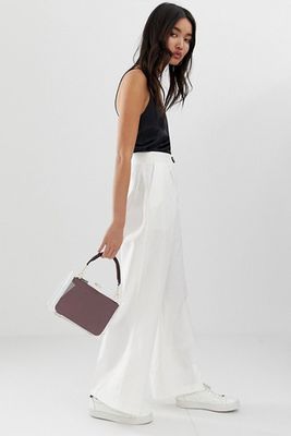 Linen Wide Leg Trousers with Contrast Button from ASOS Design