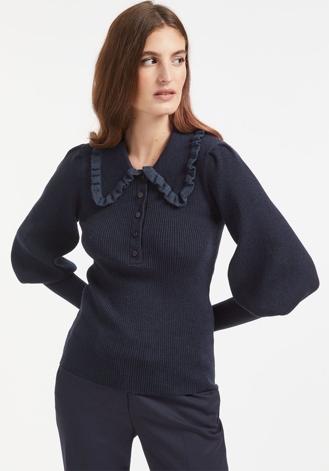 Tallulah Frill Collar Blouson Sleeve Merino Rib Jumper