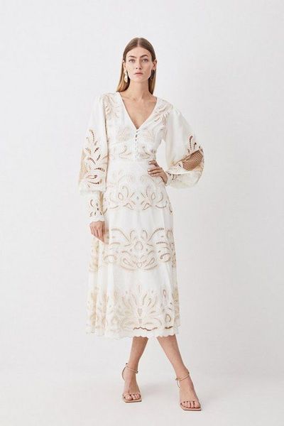 Mirrored Cutwork Tie Front Woven Midi Dress