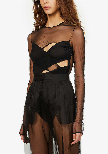 Semi-Sheer Cut-Out Stretch-Mesh & Silk Body