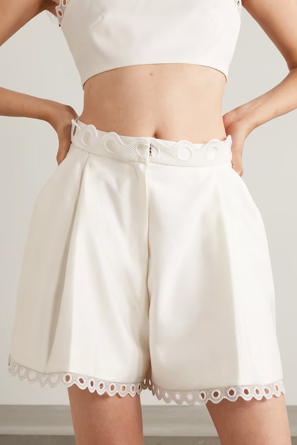 Dua Scalloped Broderie Anglaise-Trimmed Grain De Poudre Shorts from Rime Arodaky