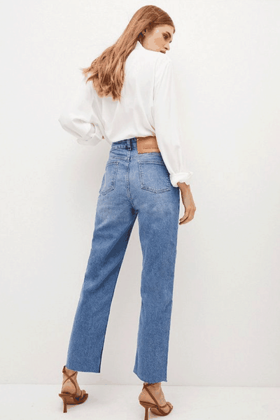 Mid Rise Straight Leg Raw Hem Jeans