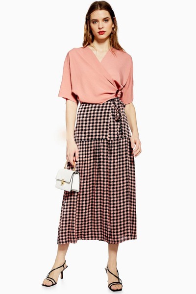 Check Wrap Midi Skirt