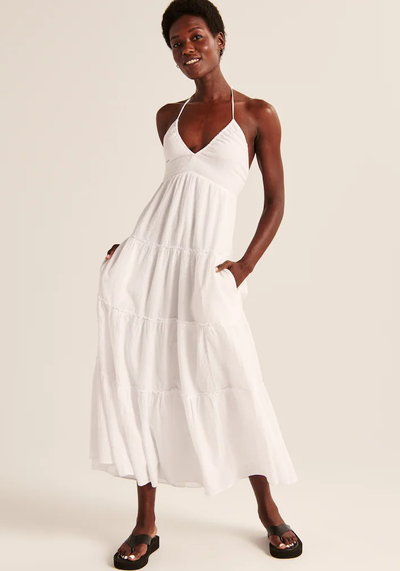 Low-Cut Halter Tiered Maxi Dress