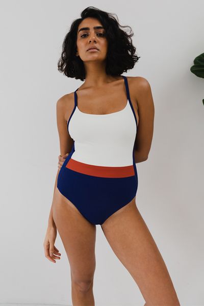 Open-Back Contrast-Panel Swimsuit