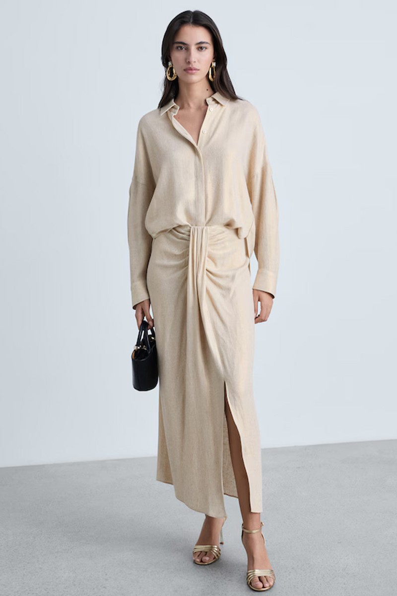 Linen-Blend Draped Midi-Skirt