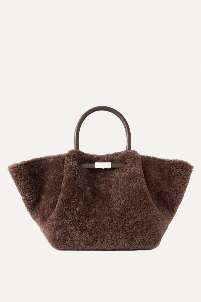 New York Midi Leather-Trimmed Shearling Tote from DEMELLIER