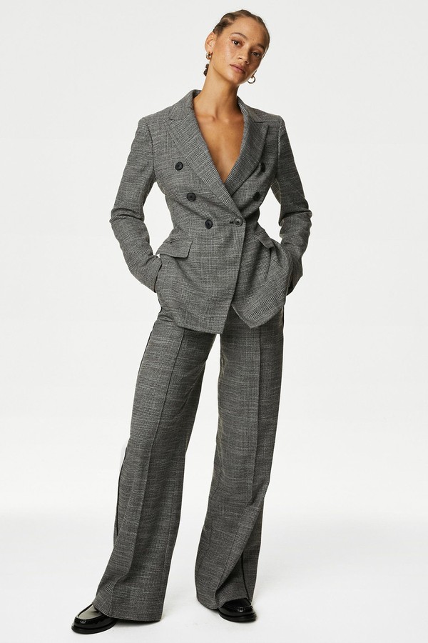 Checked Seam Detail Wide Leg Trousers