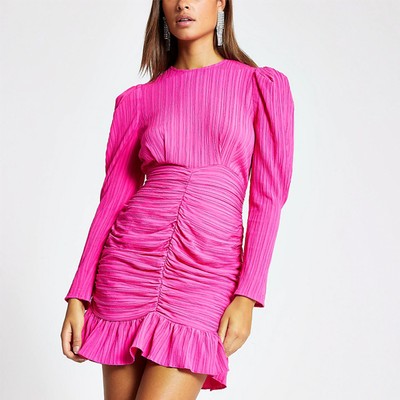 Pink Textured Long Sleeve Ruched Mini Dress