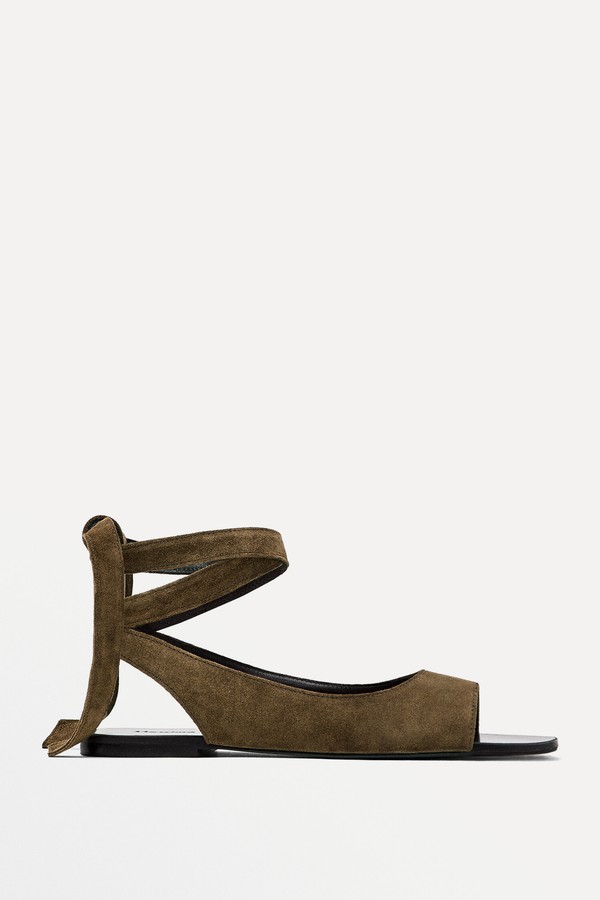 Flat Lace-Up Split Leather Slider Sandals from Massimo Dutti