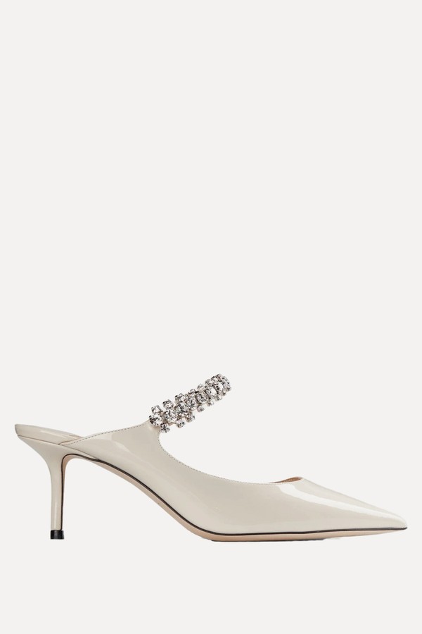 Bing 65 Linen Patent Leather Mules With Crystal Strap