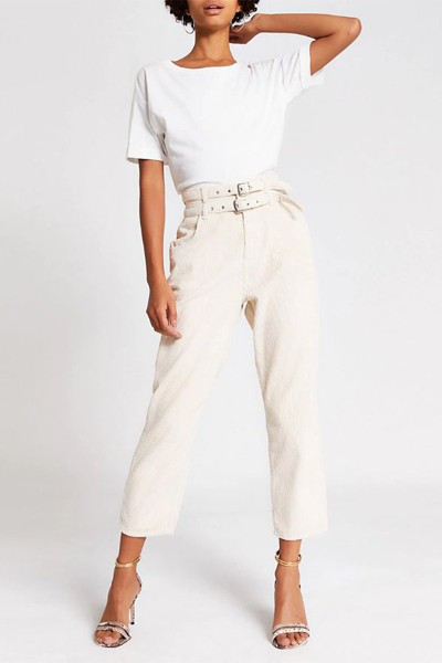 Cream Corduroy Tapered Belted Trousers