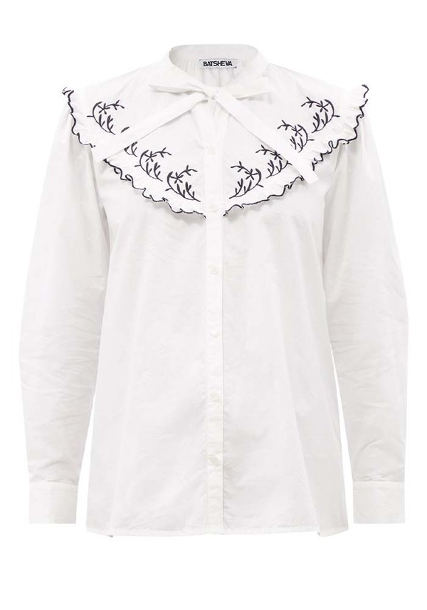 Lena Embroidered-Neck Poplin Blouse from Bathsheva