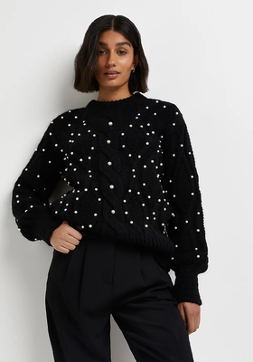 Pearl Embellished Cable Knit Jumper from River Island