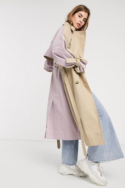 Colourblock Tie Sleeve Trench Coat In Stone from ASOS Design