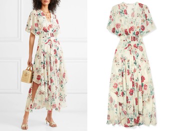 Shirred Floral-Print Georgette Midi Dress from Maje