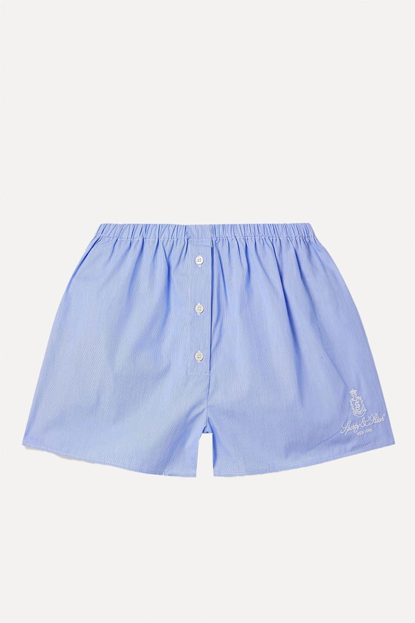 Vendome Embroidered Pinstriped Cotton-Poplin Shorts from SPORTY & RICH