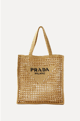 Woven-Logo Raffia Tote Bag from Prada