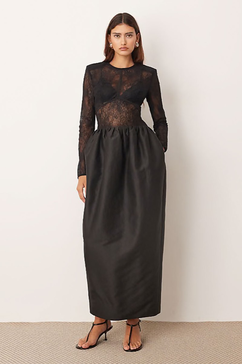 Long Sleeve Lace & Bonded Satin Maxi Dress